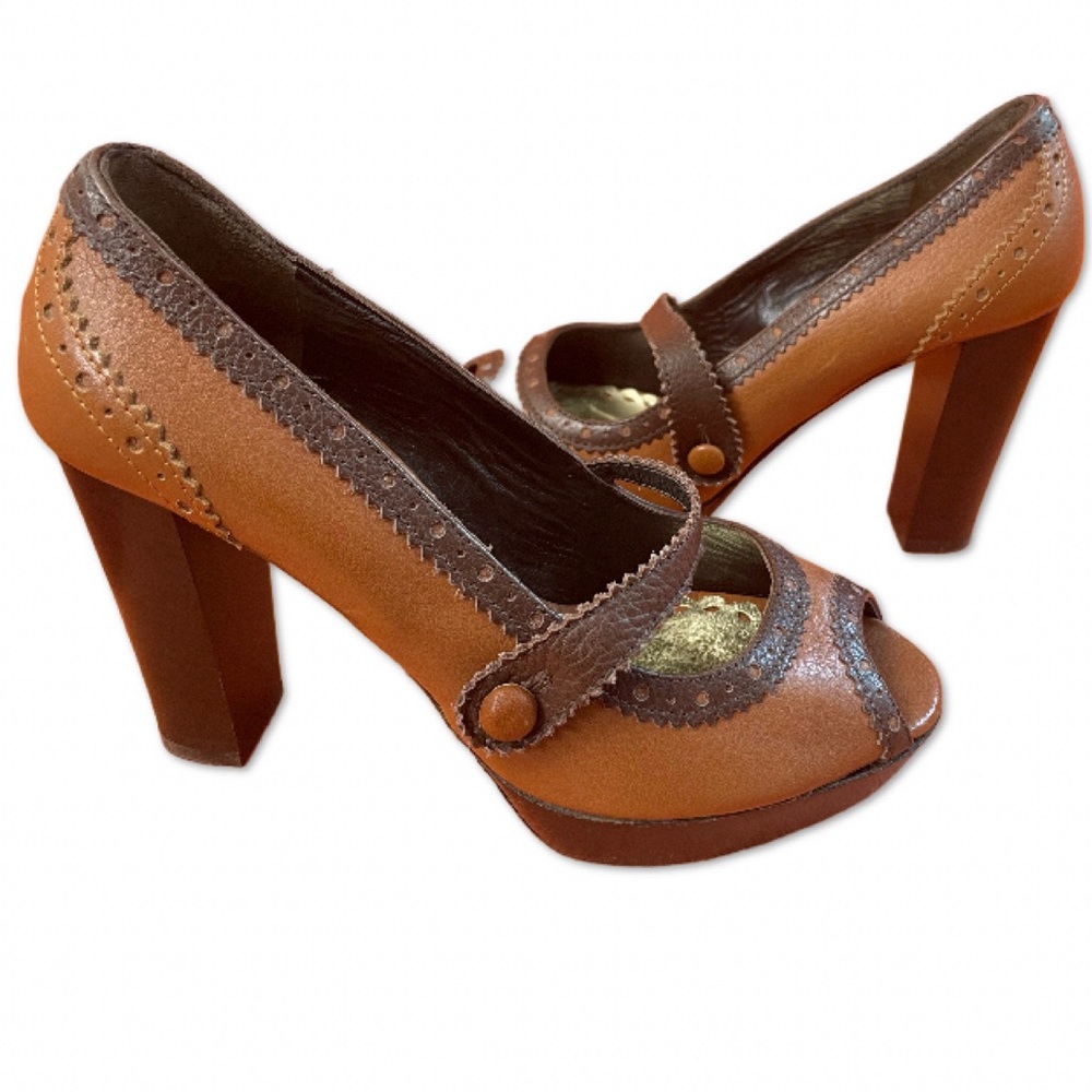 Juicy Couture Tan Leather Mary Jane Platform Y2K Block Heels VTG 90s Italy 6.5. - Picture 2 of 11